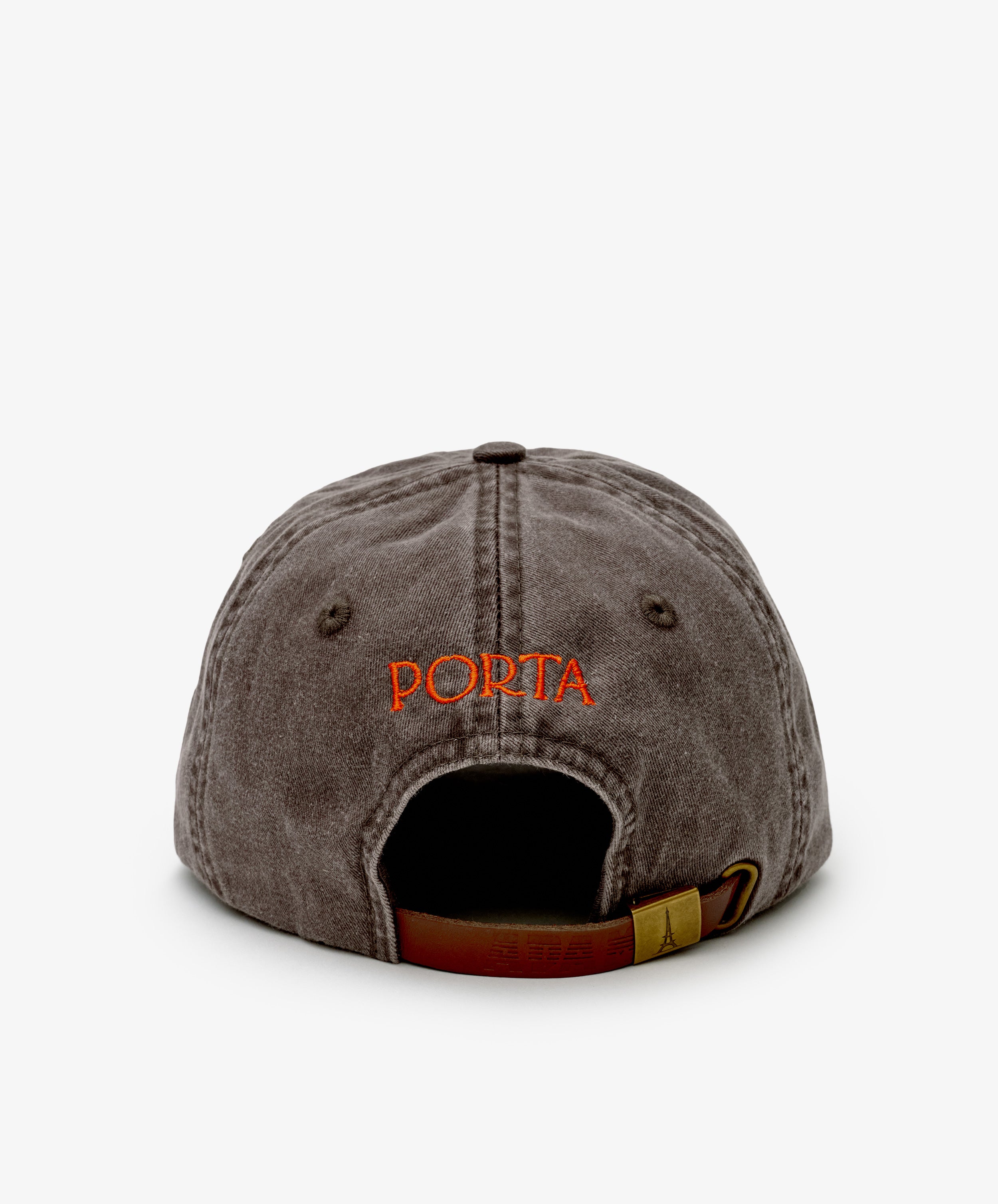 The Closed for August Cap, shown from the back in gray with PORTA embroidered in orange above an adjustable brown strap, blends style and sun protection—your essential accessory for any European out-of-office adventure.