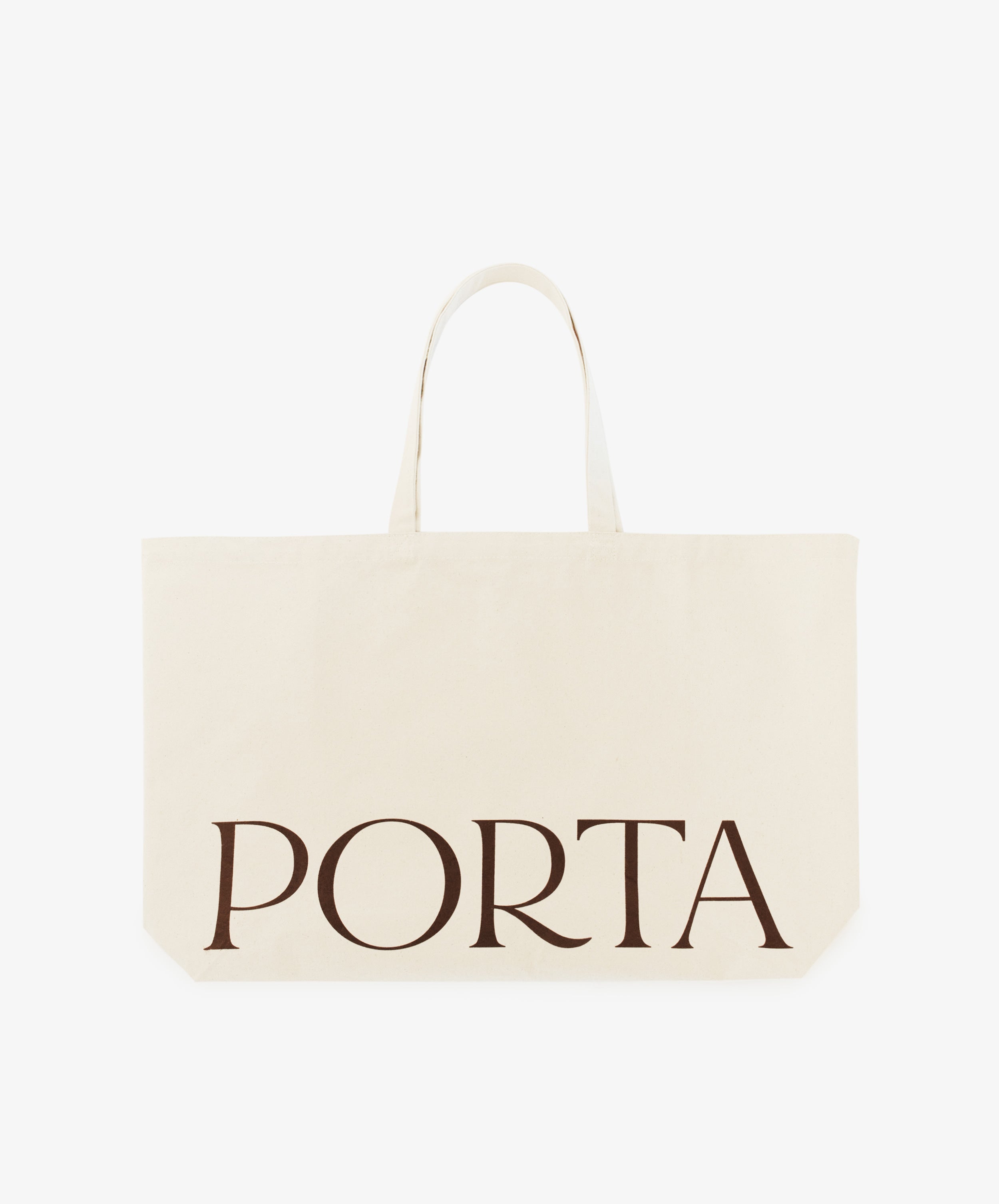 The PORTA Canvas Tote Bag is a spacious cream-colored tote with two handles and bold black 