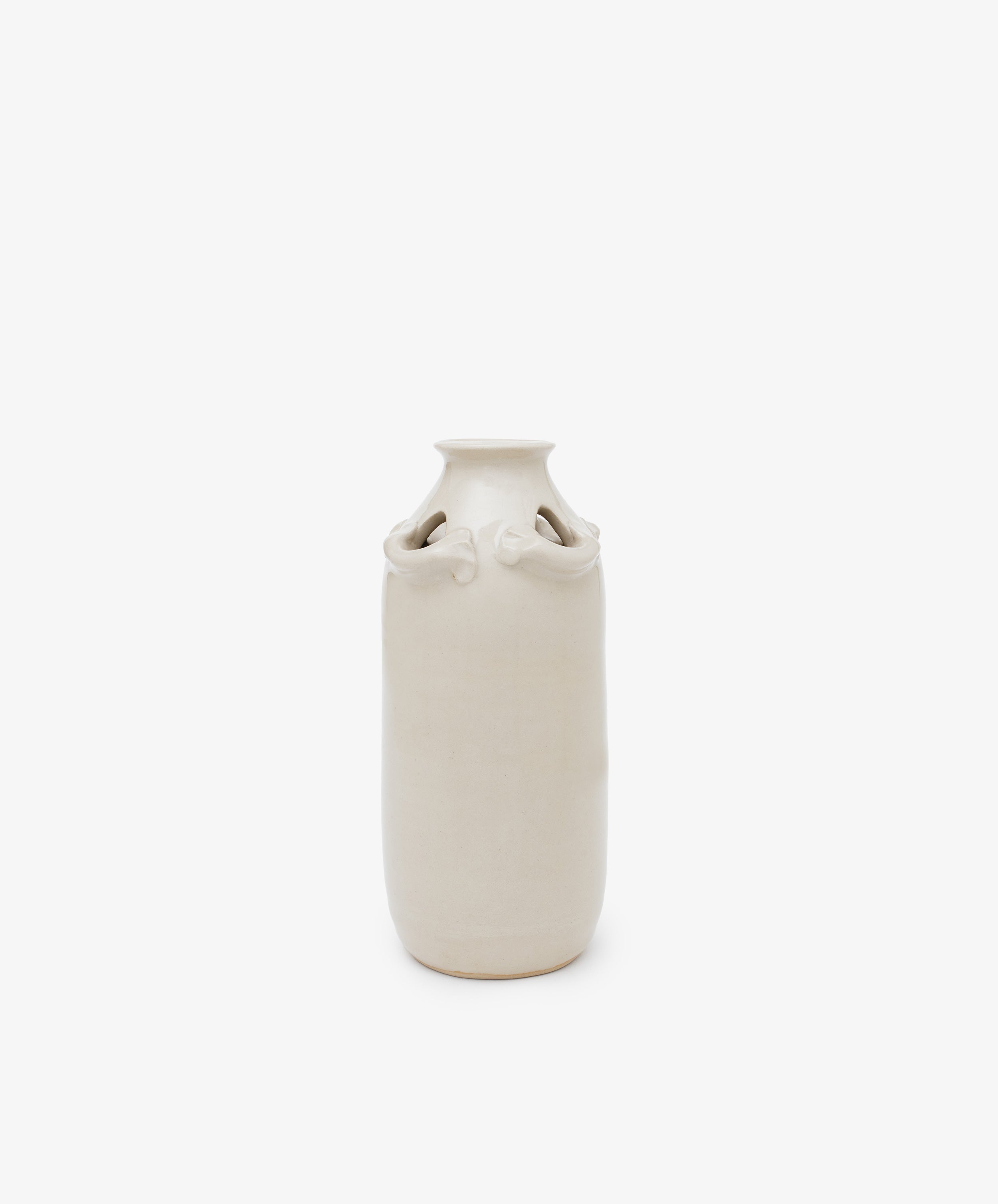 The Mini Candlehat Vase is a tall, off-white ceramic piece featuring a narrow neck and decorative loops near the top, inspired by a 17th-century vessel, shown against a plain white background.