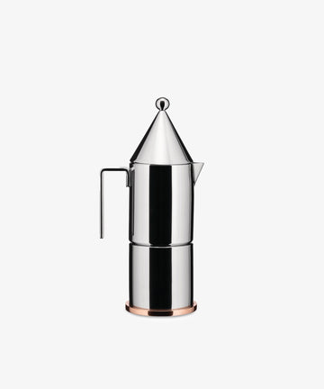 The La Conica Espresso Coffee Maker features a modern stainless steel design by Aldo Rossi, with a geometric cone-shaped lid and side handle, shown against a plain white background.