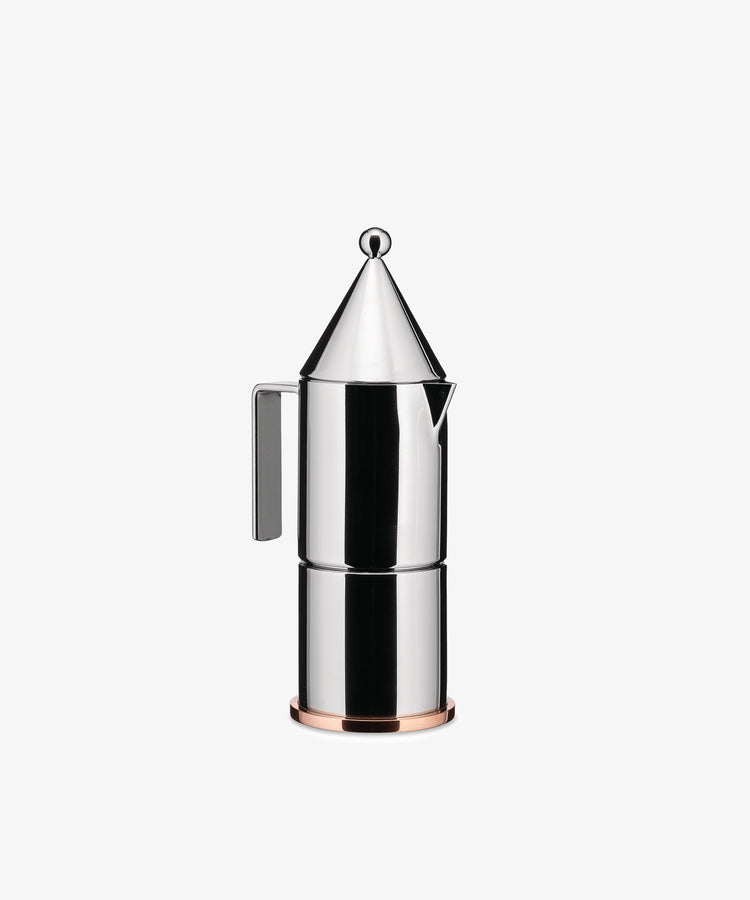 The La Conica Espresso Coffee Maker by Alessi, designed by Aldo Rossi, showcases a stainless steel cylindrical body, conical lid, and side handle, displayed against a plain white background.