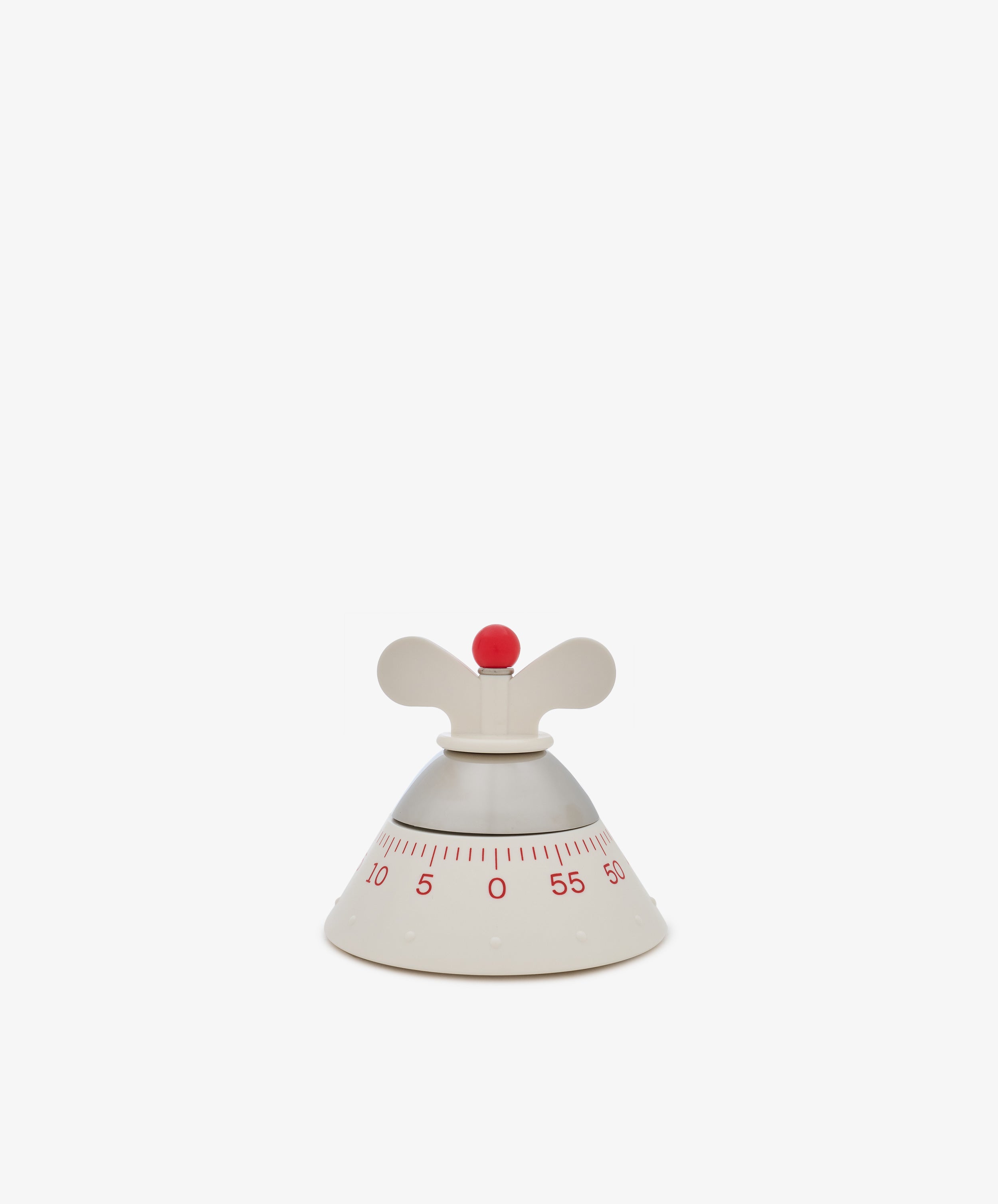 The Kitchen Timer, featuring a sleek white and silver design with a red-tipped handle and bold red numbers from 0 to 60, is displayed against a plain white background.