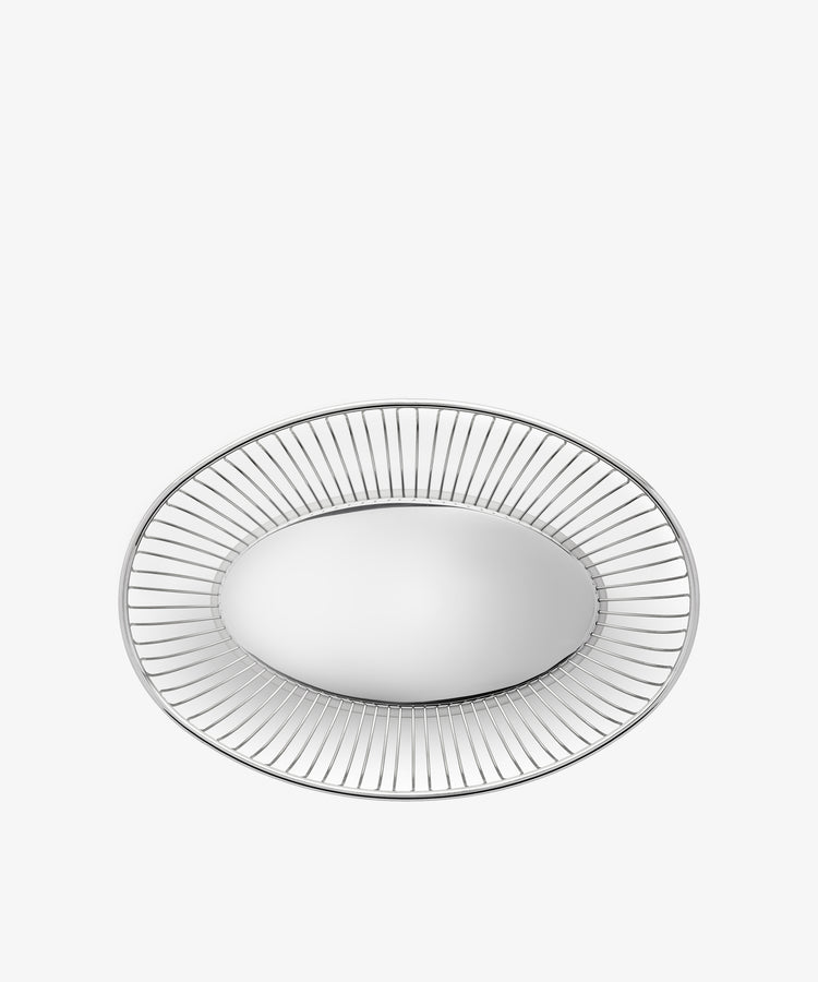 An Oval wire basket with a circular base and evenly spaced metal spokes forming the sides, photographed on a plain white background.
