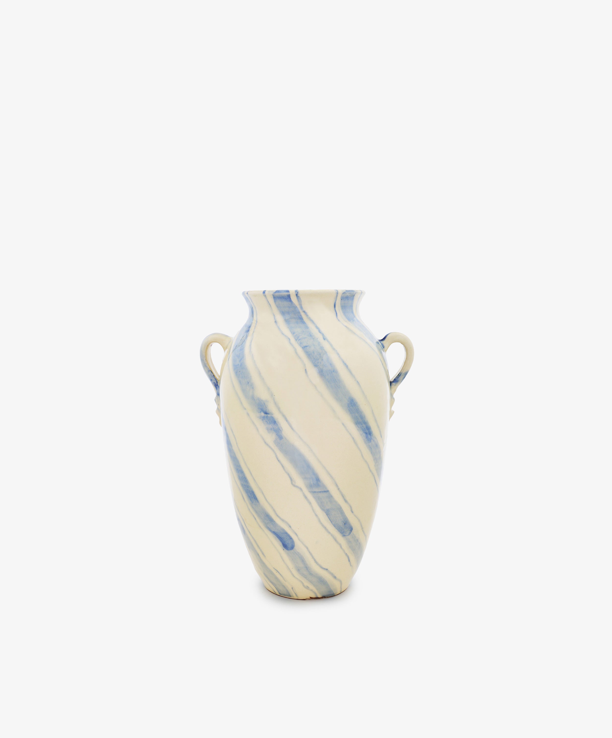 Amended Description: The Ida Vase is a tall ceramic piece with two side handles, inspired by an amphora-shaped silhouette. It features a cream base adorned with hand-painted blue lines in a light diagonal stripe pattern, all presented against a plain white background.