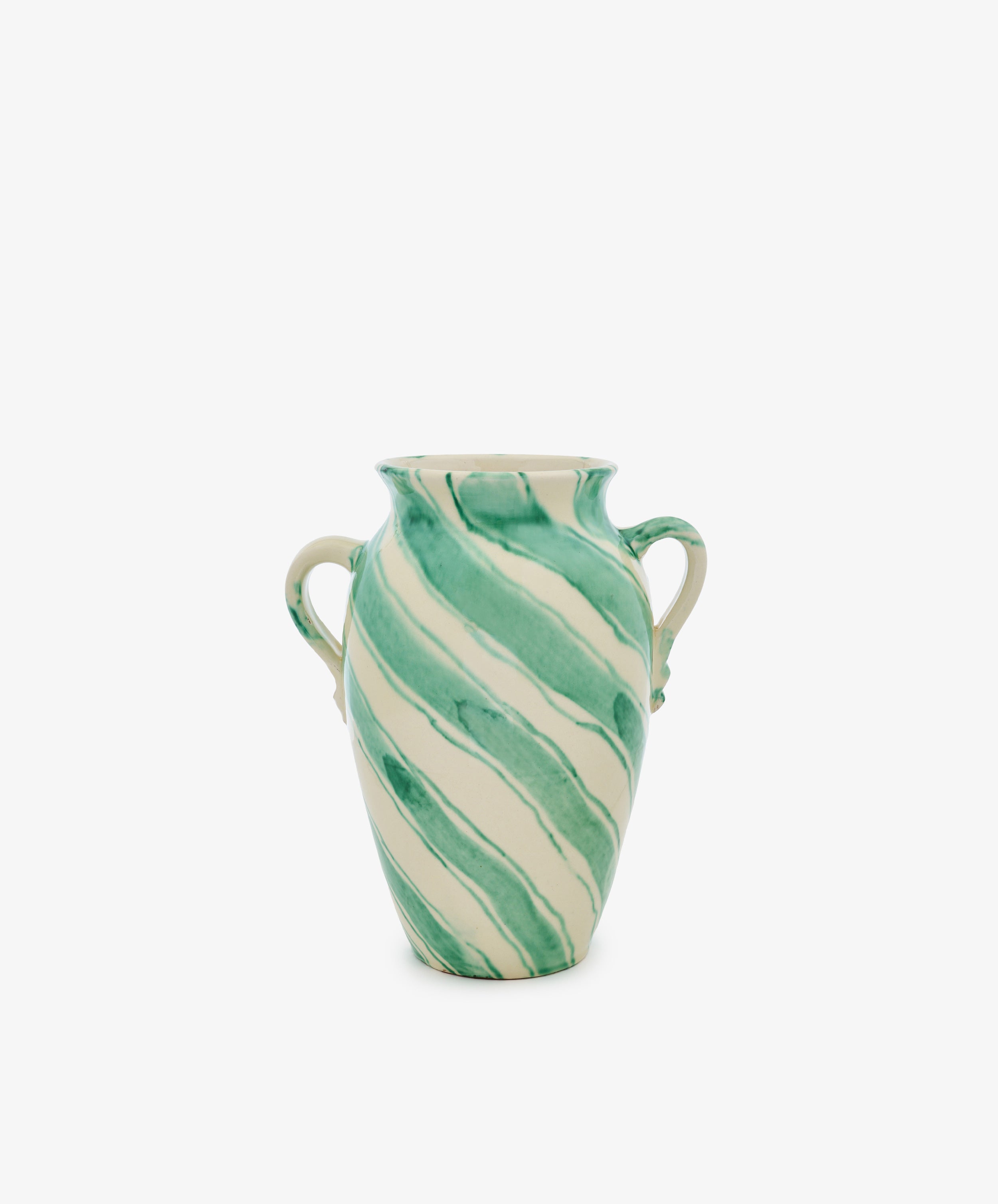 The Ida Vase is an amphora-shaped ceramic vase with two handles, showcasing a white base decorated with green diagonal stripes and subtle abstract blue lines, set against a plain white background.