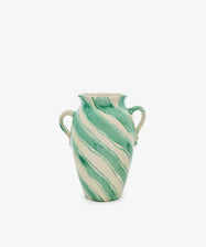The Ida Vase is an amphora-shaped ceramic vase with two handles, showcasing a white base decorated with green diagonal stripes and subtle abstract blue lines, set against a plain white background.
