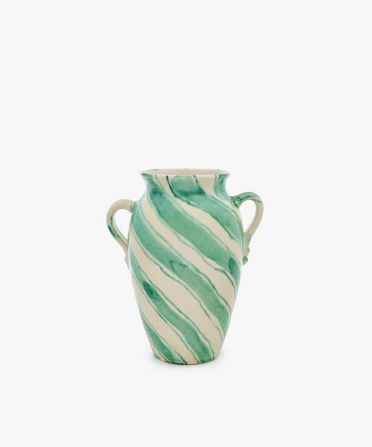 The Ida Vase is an amphora-shaped ceramic vase with two handles, showcasing a white base decorated with green diagonal stripes and subtle abstract blue lines, set against a plain white background.