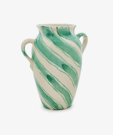 The Ida Vase is a modern white vase with two handles and diagonal green stripes, shown on a plain white background.