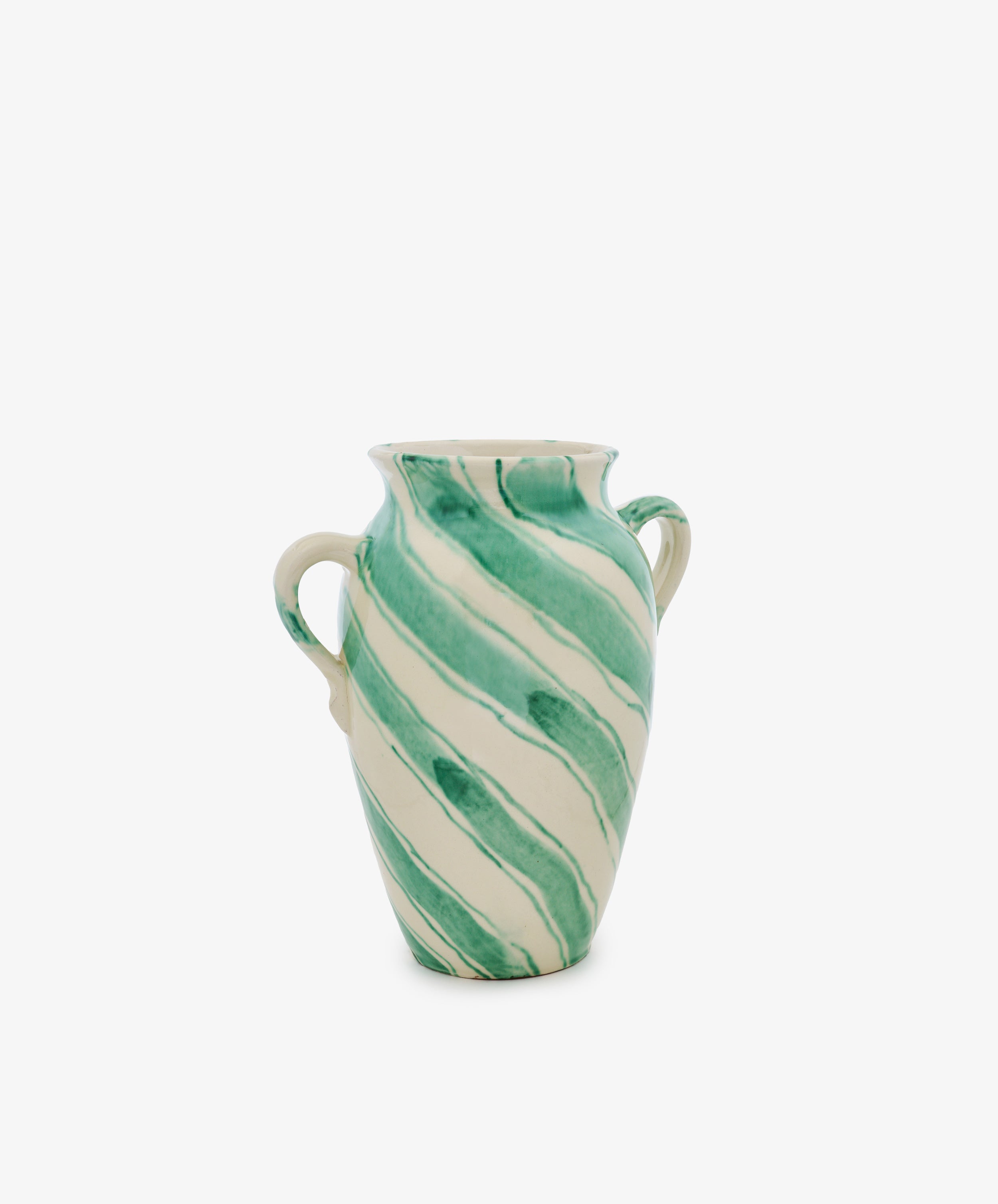 The Ida Vase is an amphora-shaped ceramic piece with two handles, showcasing a cream base highlighted by diagonal green stripes and abstract blue lines, set against a plain white background.