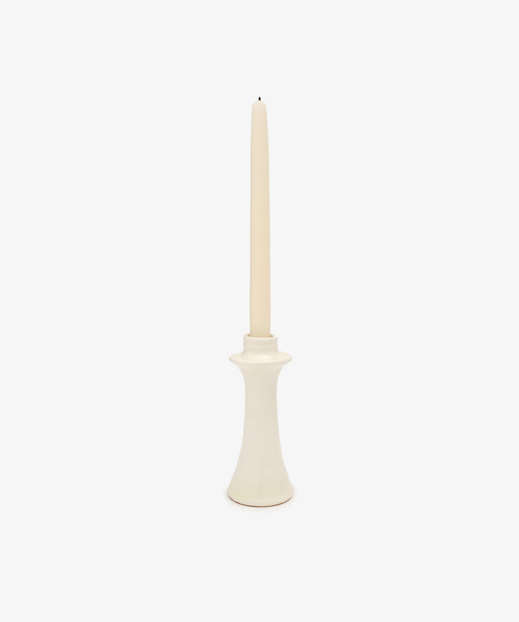 Angelita Candleholder. Single pillar holder in white glazed ceramic with white taper candle.