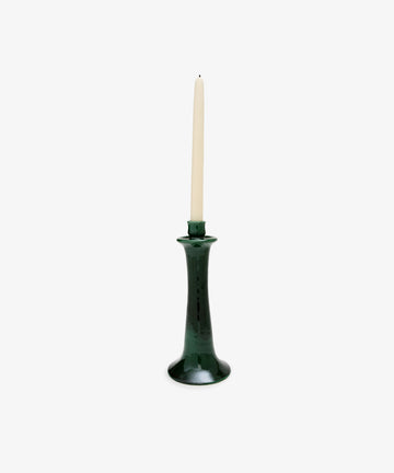 Maria Candleholder. Green glazed ceramic candlestick with white taper candle.