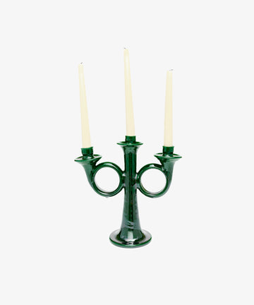 Loretta Candelabra. Green glazed ceramic candle holder with three white taper candles.