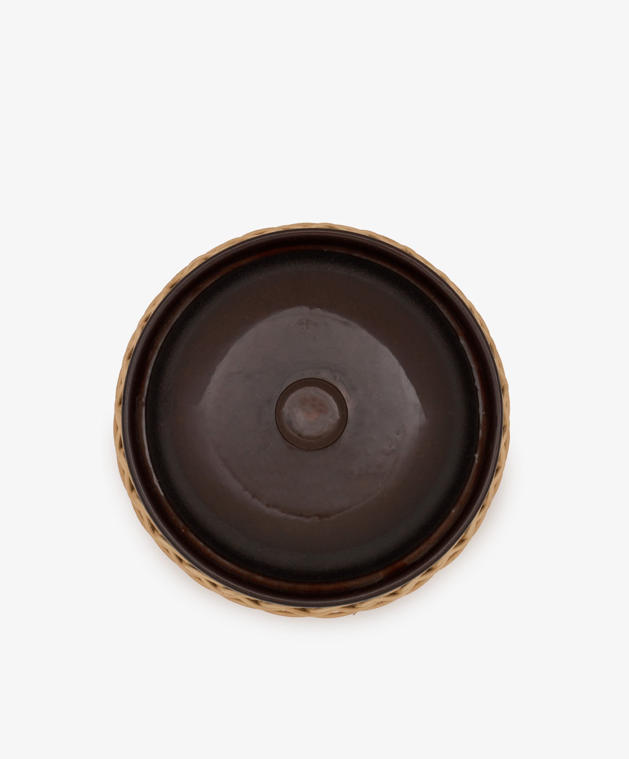 Round, dark brown ceramic lid with a small central knob and a light-colored, textured rim, designed to fit perfectly atop the Amany Casserole; viewed from above on a plain white background.