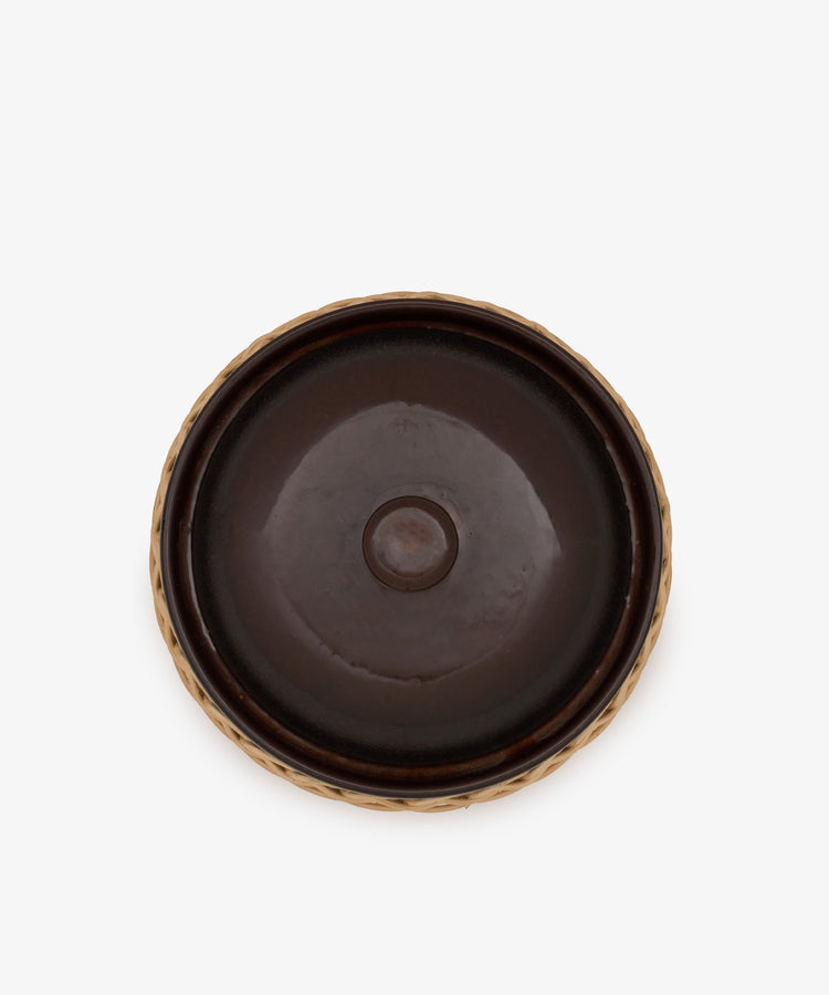 Round, dark brown ceramic lid with a small central knob and a light-colored, textured rim, designed to fit perfectly atop the Amany Casserole; viewed from above on a plain white background.