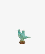 Peace Dove Candle Holder—this green and brown ceramic vessel, shaped like a bird and finished with a sage green glaze, features a small cylindrical opening on its back. Perfect as a unique bird candle holder, it is displayed centered on a plain white background.