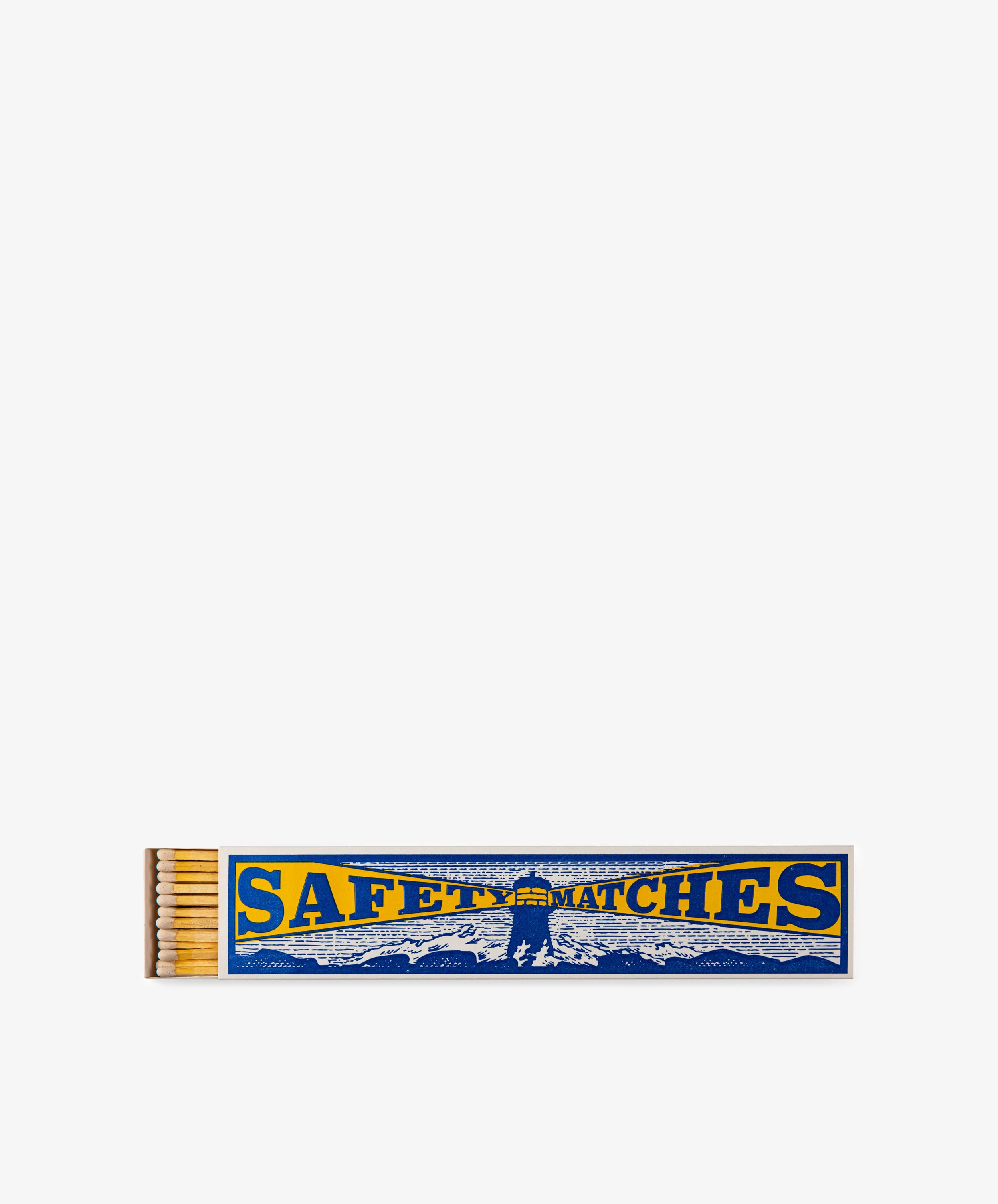 A partially open box of Luxury Matches in blue and yellow reveals matchsticks inside, set against a white background—ideal for adding a touch of seafaring decor to any space.
