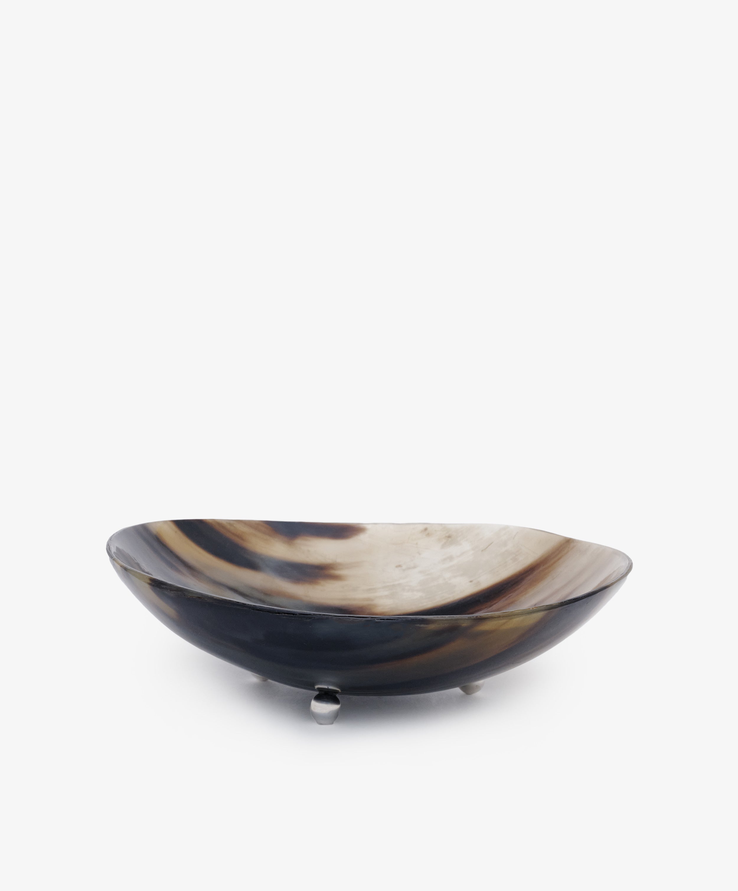 Curiosity Bowl 10: A shallow, oval decorative bowl featuring a marbled dark and light brown design, set on three sterling silver feet—a standout piece for collectors.