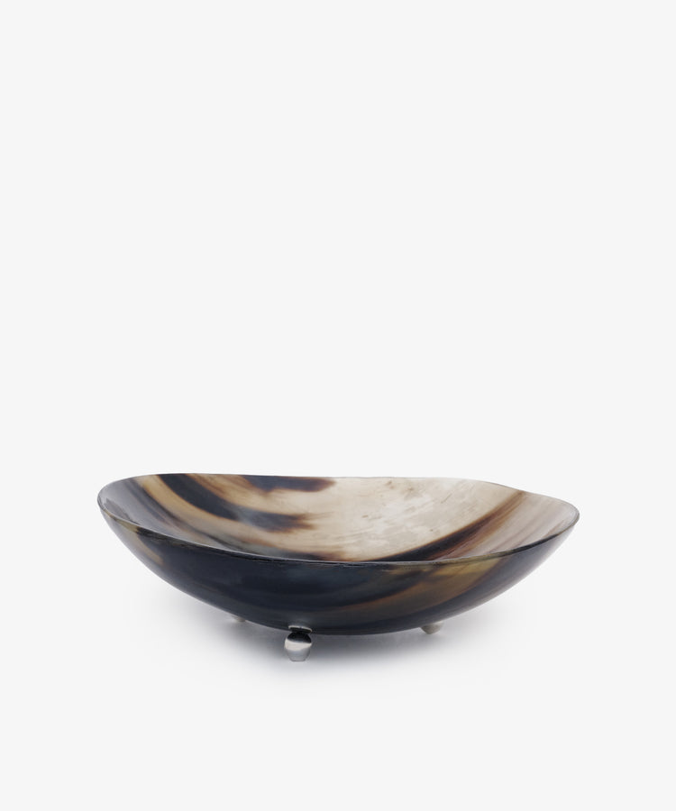 Curiosity Bowl 10: A shallow, oval decorative bowl featuring a marbled dark and light brown design, set on three sterling silver feet—a standout piece for collectors.