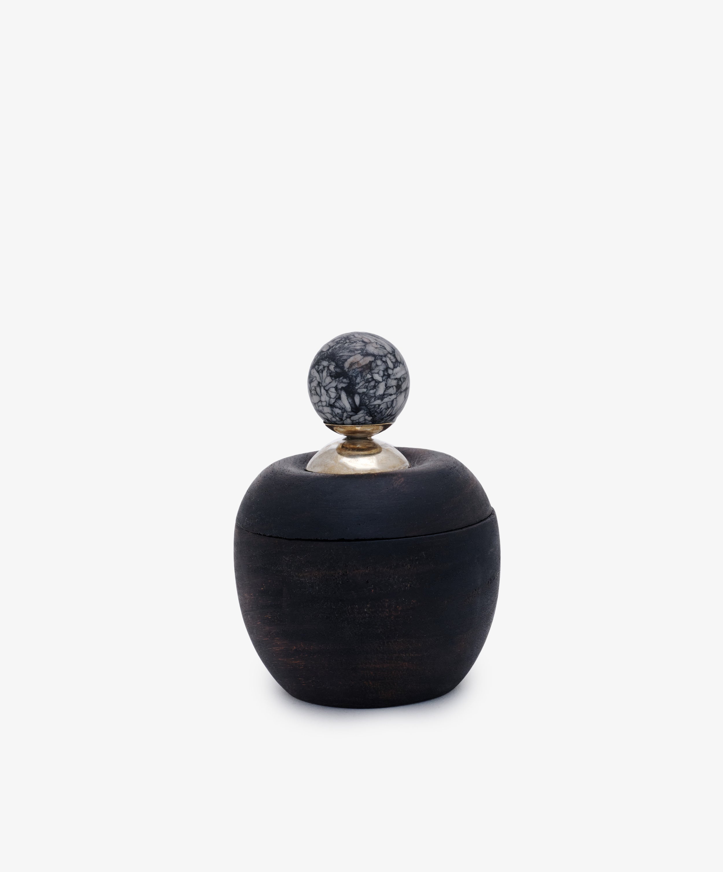Curiosity Box 15, a round African wood box with a lid and a marbled black-and-white spherical handle, is displayed on a white background.