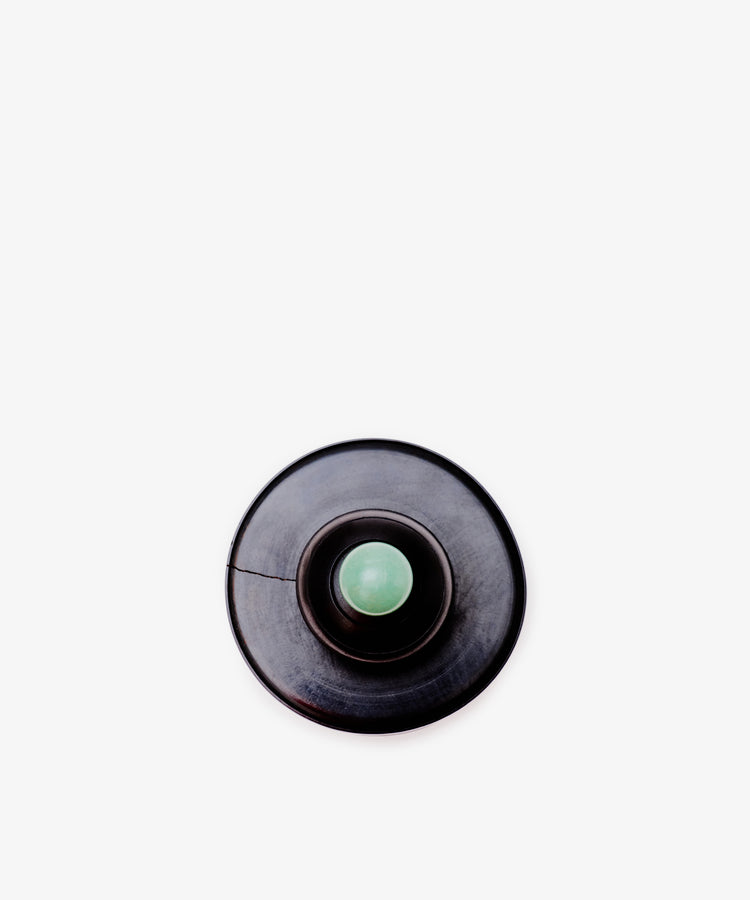 The Curiosity Box features a round, dark-colored button with a light green center, inspired by Antje Weber's art style, set against a plain white background.