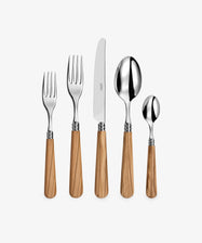 The Helios 5 Piece Place Setting features two forks, a knife, a spoon, and a small spoon with wooden handles and stainless steel heads, neatly arranged in a row on a white background.