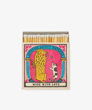 Big Cat Little Cat, Luxury Matches by Archivist Gallery. Square neon printed matchbox with illustrated lion and cat.