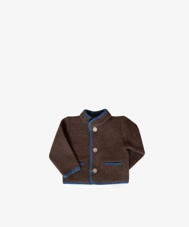 The Austrian Wool Jacket is a brown merino wool children’s jacket with blue trim, Nehru collar, three front buttons, and two pockets, shown on a plain white background.
