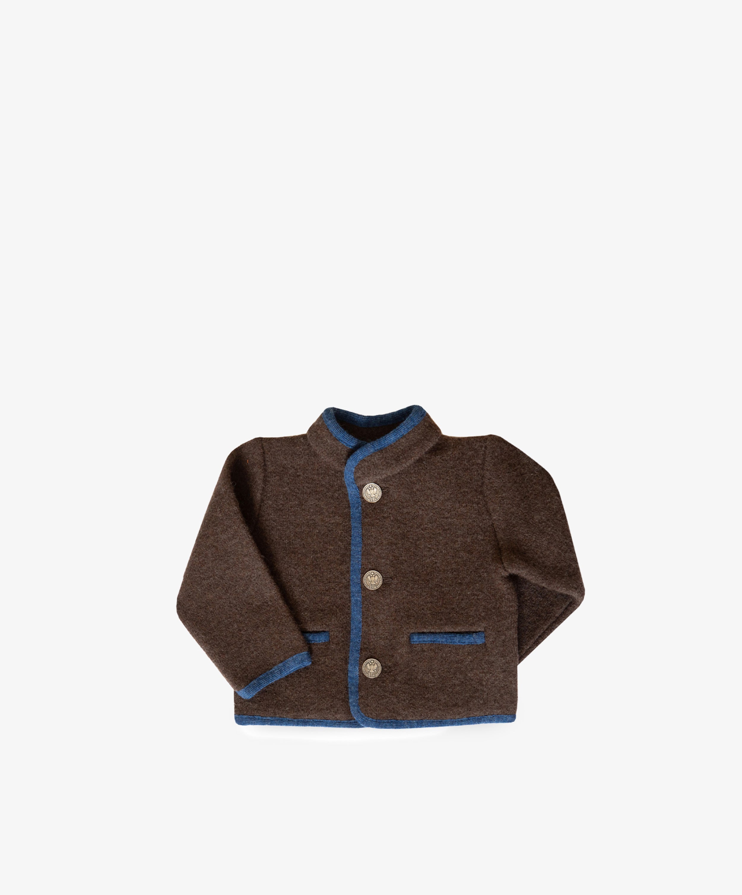 The Austrian Wool Jacket is a brown children's jacket by Babushkini, featuring blue trim, front buttons, and two small pockets, inspired by Austrian children's jackets and shown on a plain white background.