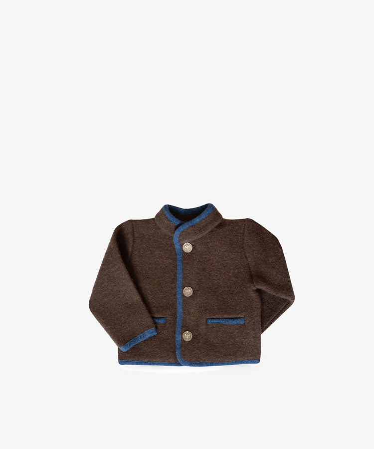 The Austrian Wool Jacket is a brown children's jacket by Babushkini, featuring blue trim, front buttons, and two small pockets, inspired by Austrian children's jackets and shown on a plain white background.