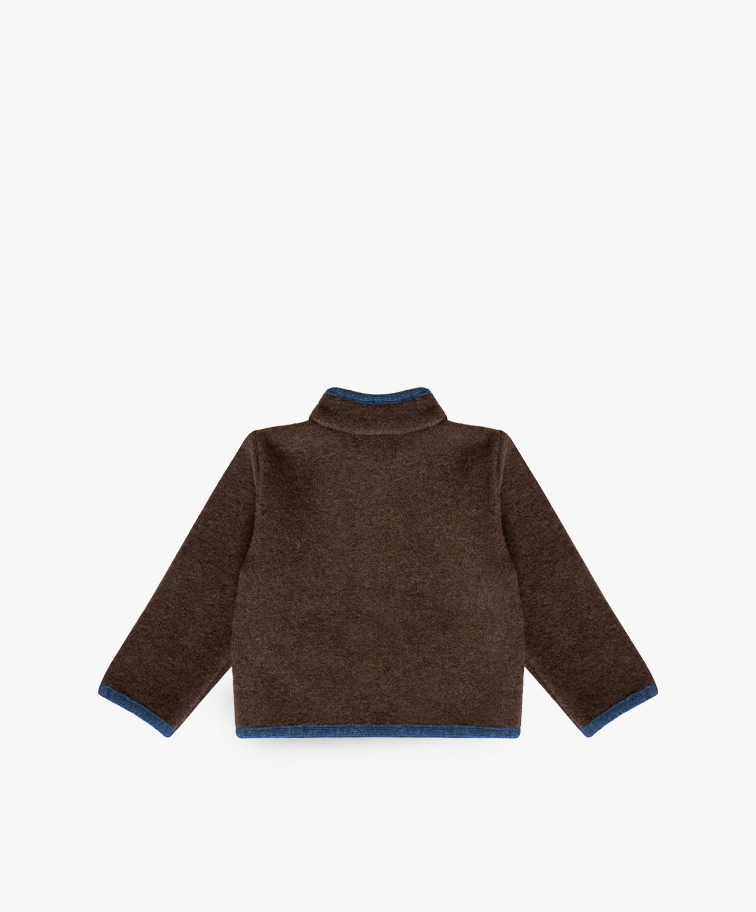 Austrian Wool Jacket in brown with blue trim on cuffs and hem, made from soft merino wool, shown flat and backward on a white background.