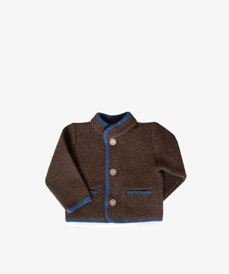 Austrian Wool Jacket for children in brown merino wool with blue trim, Nehru collar, two front pockets, and three metal buttons, shown on a white background.