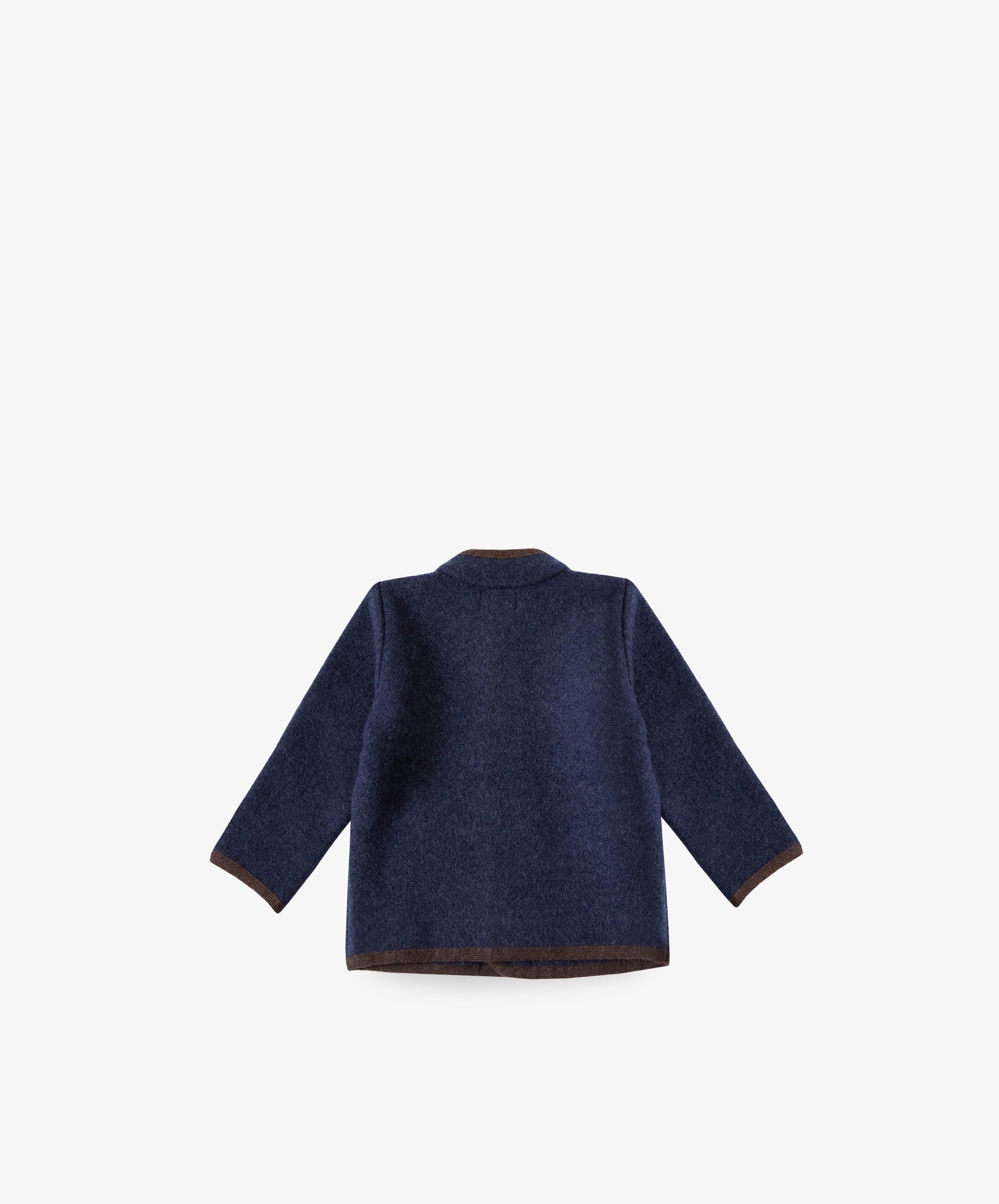The Austrian Wool Jacket is a dark blue, long-sleeved coat with a Nehru collar and brown trim, inspired by Austrian children’s jackets. Pictured from the back against a plain white background.