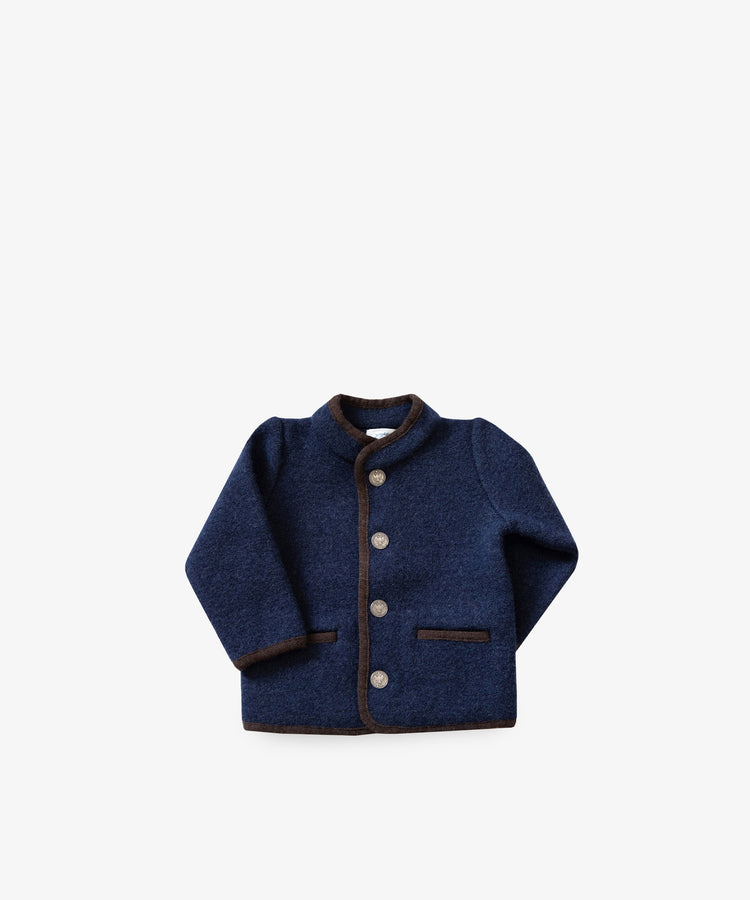 The Austrian Wool Jacket is a navy blue merino wool children’s jacket with brown trim, four silver buttons, a Nehru collar, and two front pockets, shown on a plain white background.