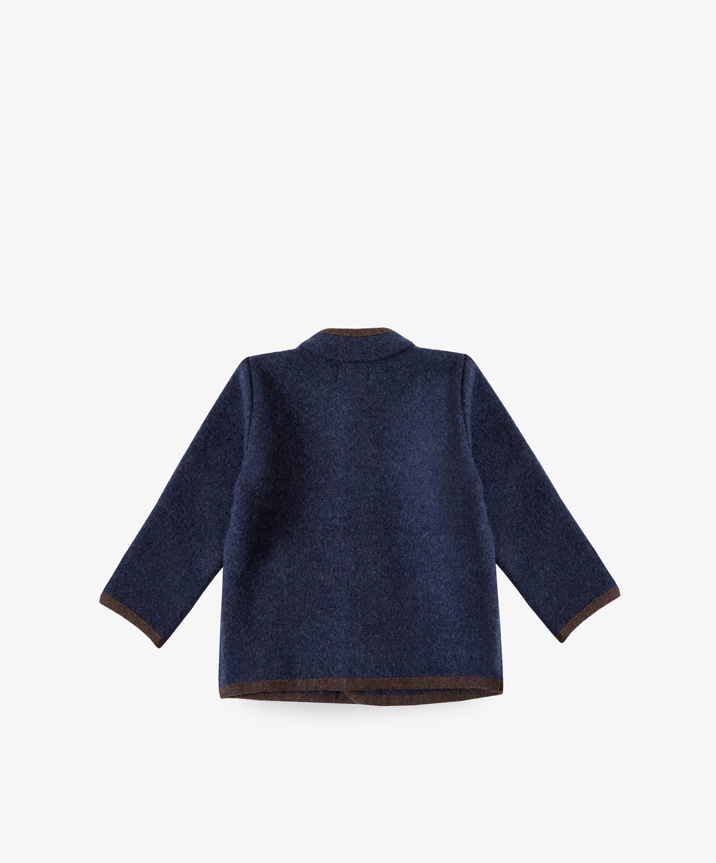 The Austrian Wool Jacket is a navy blue children's jacket with long sleeves, brown trim on cuffs and hem, and a classic Nehru collar, shown from the back against a white background.