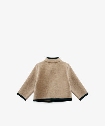 Back view of the Austrian Wool Jacket for children, in beige with dark trim and Nehru collar, long sleeves, displayed flat on a white background.