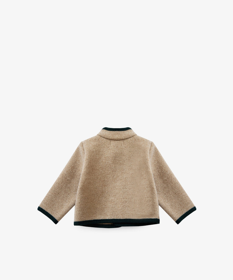 Back view of the Austrian Wool Jacket for children, in beige with dark trim and Nehru collar, long sleeves, displayed flat on a white background.