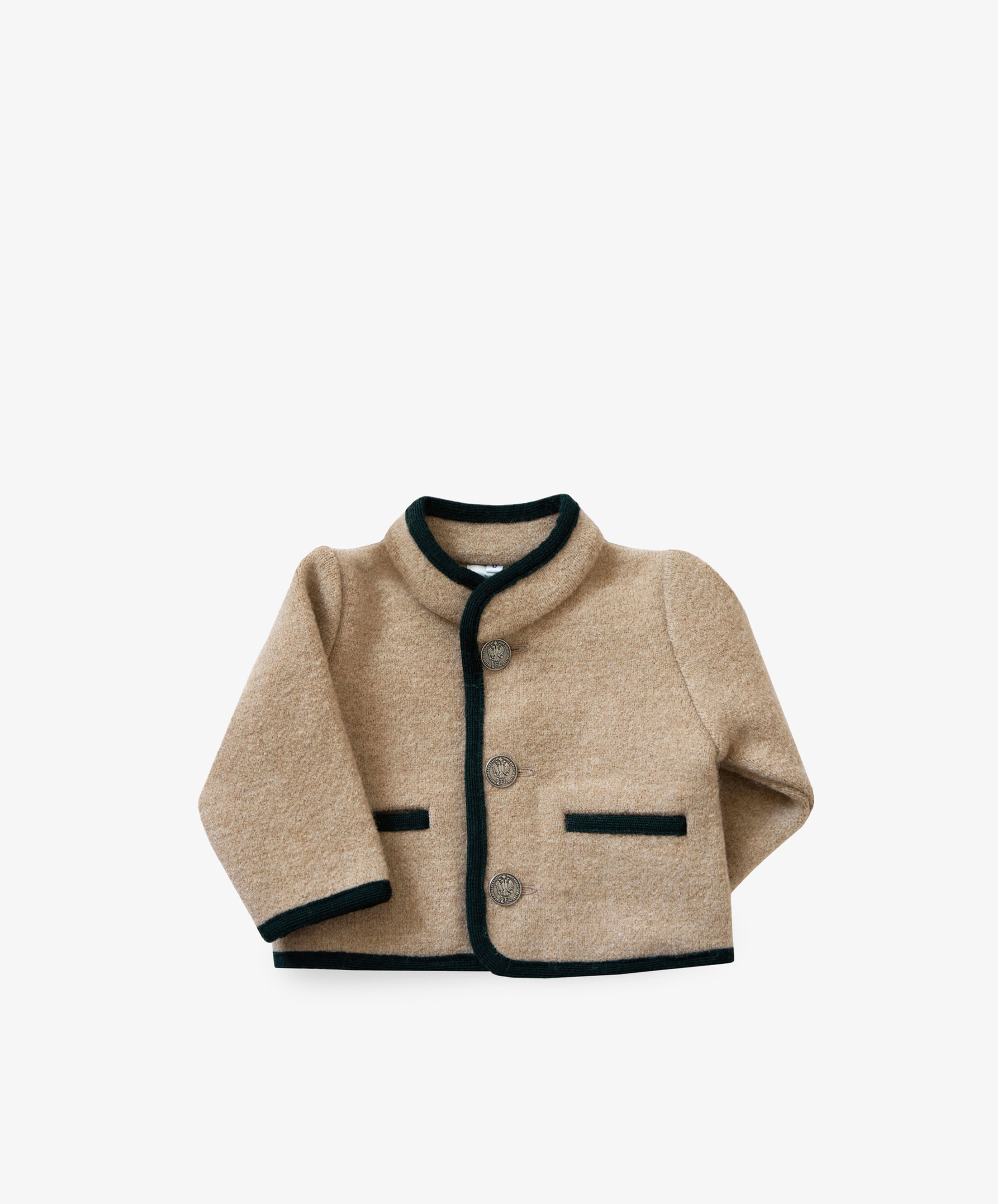 The Austrian Wool Jacket is a beige children's jacket with black trim, featuring a Nehru collar, three buttons, and two front pockets. It is displayed against a plain white background.