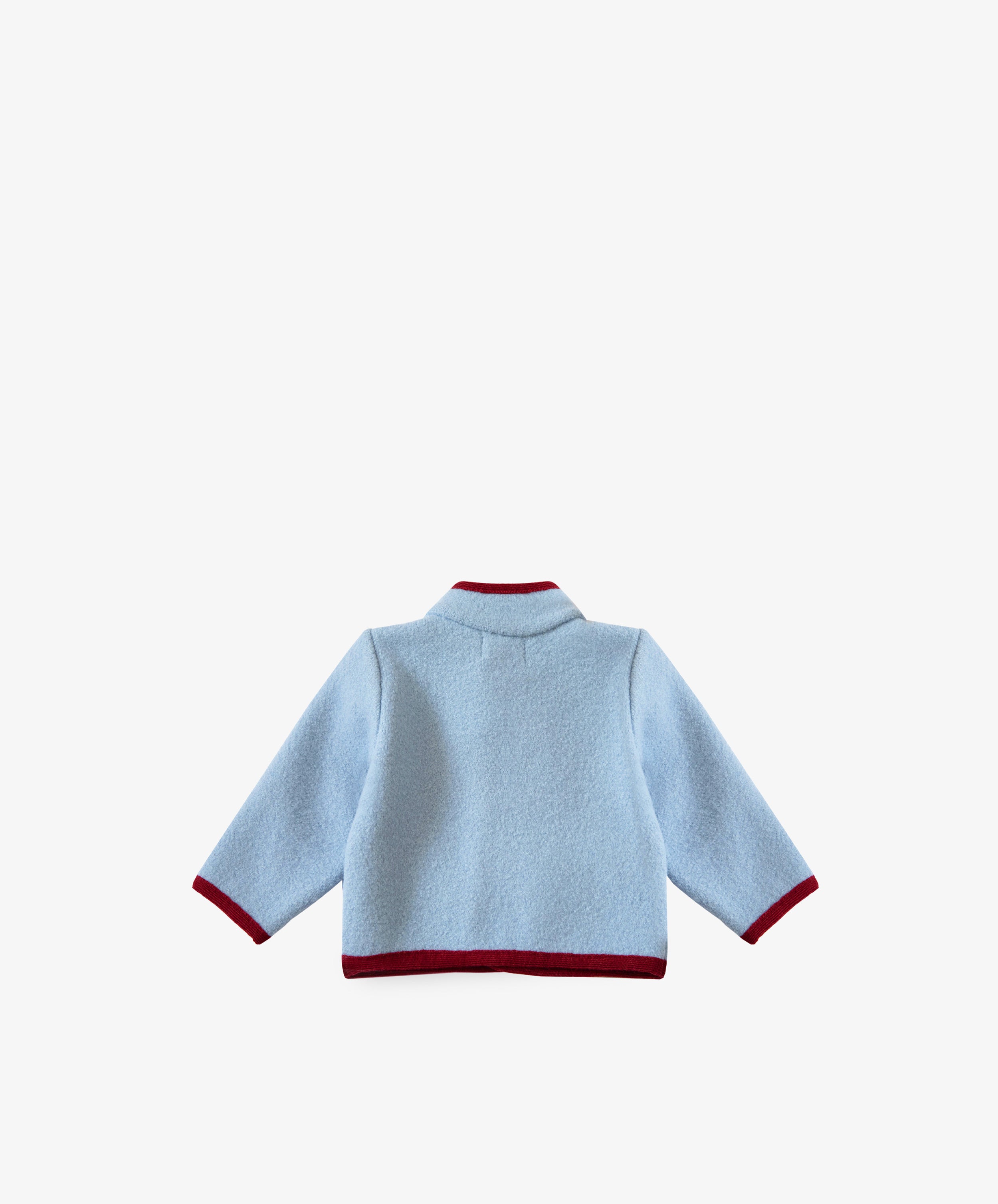 The Austrian Wool Jacket in light blue features long sleeves, a Nehru collar, and maroon trim. It is shown from the back against a plain white background.