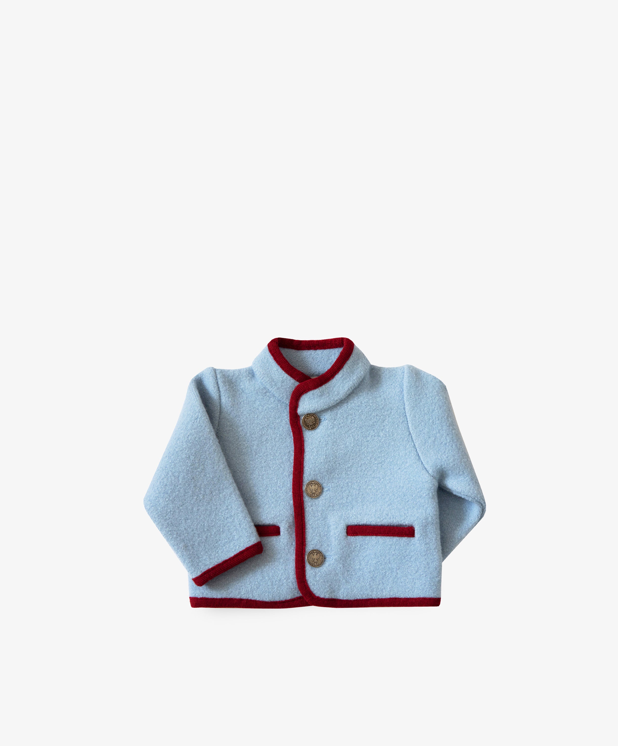 Austrian Wool Jacket for children in light blue with red trim, Nehru collar, two front pockets, and three brown buttons, shown against a plain white background.