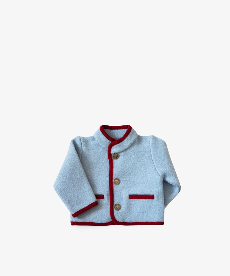 Austrian Wool Jacket for children in light blue with red trim, Nehru collar, two front pockets, and three brown buttons, shown against a plain white background.