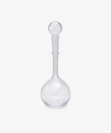 Cygne Decanter. Transparent hand-blown glass decanter with round bulb bottom, long thin neck, and spherical stopper.