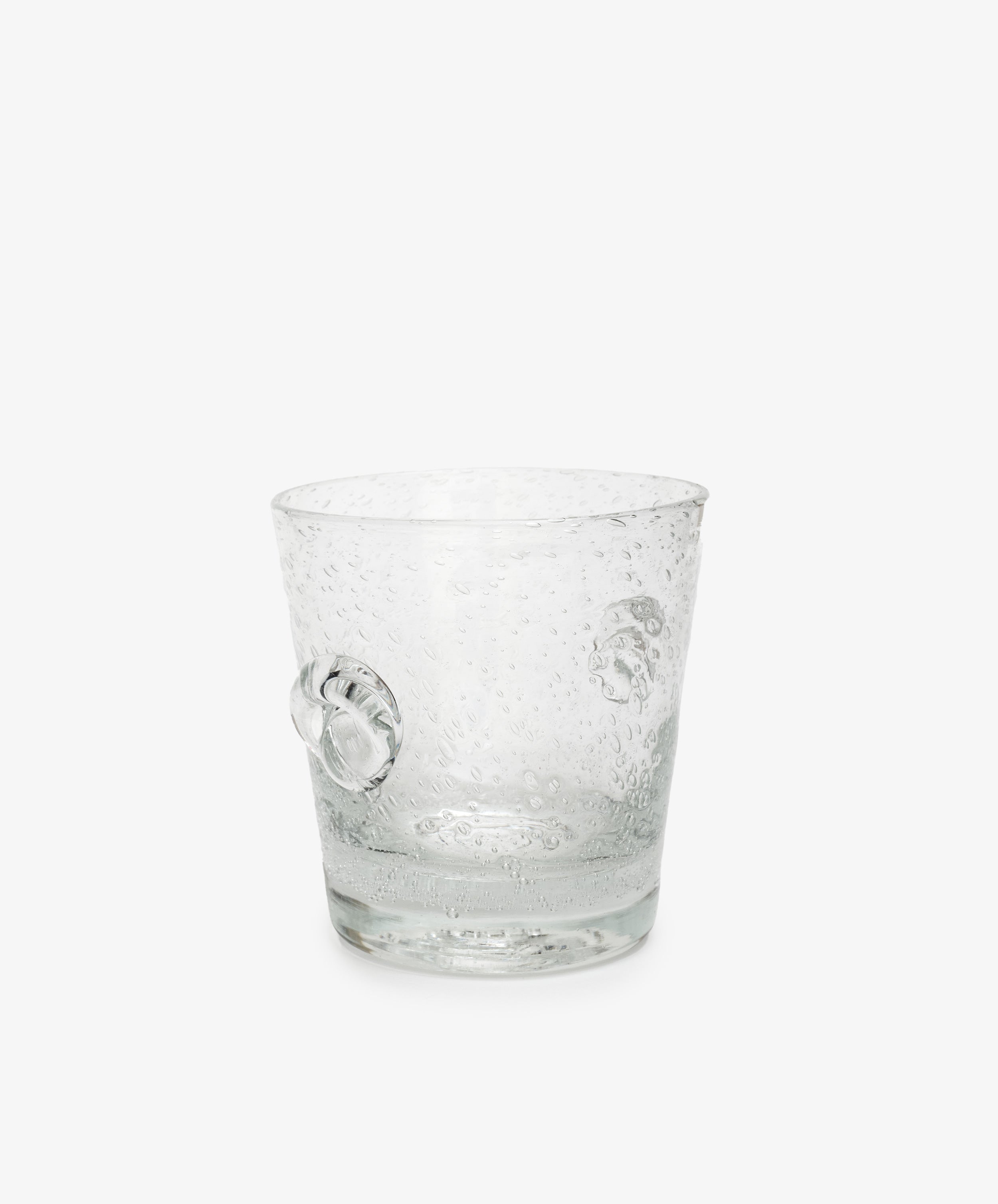 Lauren Ice Bucket. Clear bubble glass ice bucket with decorative handles, angled view.