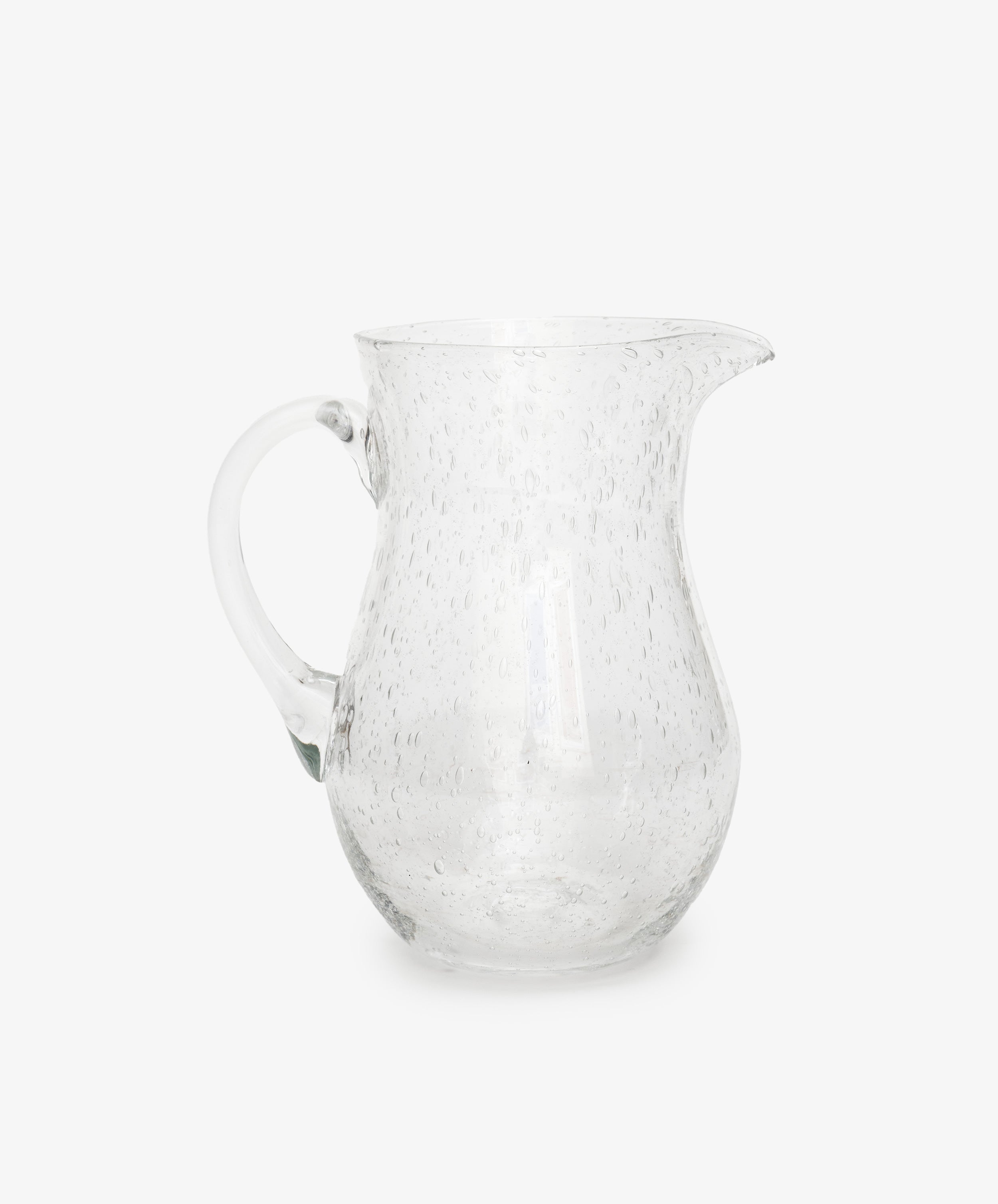 Lauren Water Jug. Clear bubble glass pitcher with handle, alt side view.