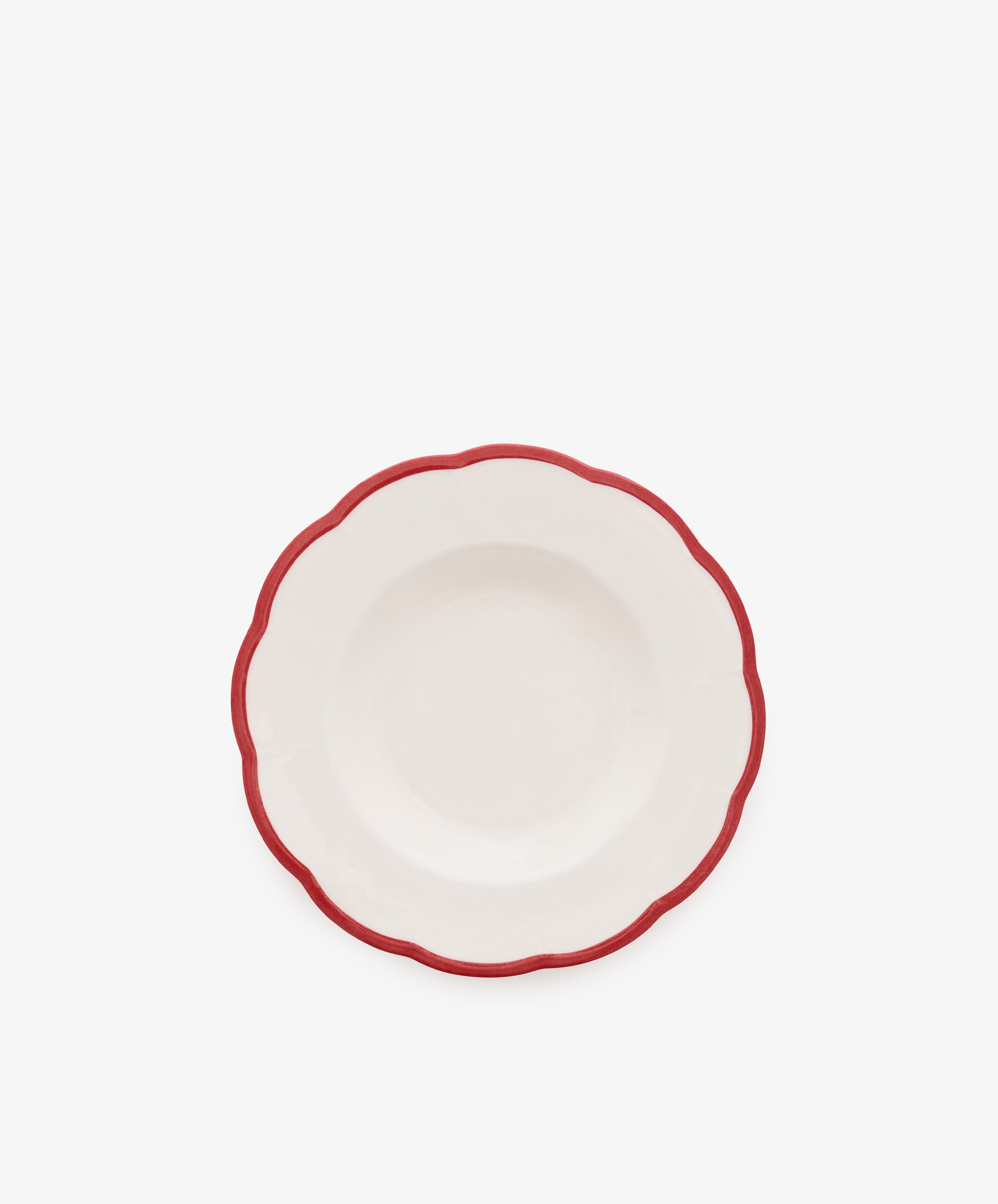 Petalo Pasta Bowl, Set of 4—white ceramic with scalloped edge and red border, shown from above on a plain white background.