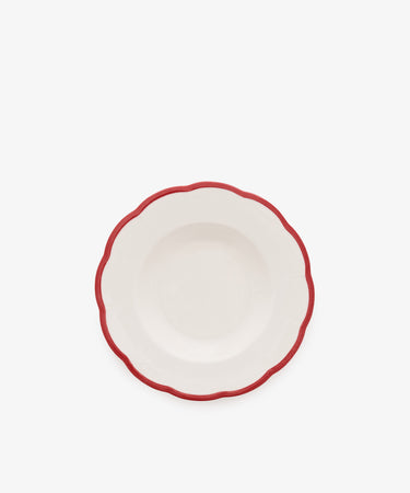 Petalo Pasta Bowl, Set of 4—white ceramic with scalloped edge and red border, shown from above on a plain white background.
