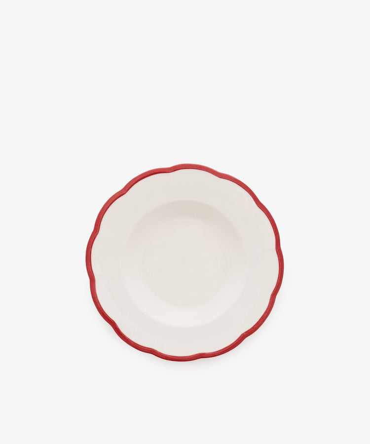 Petalo Pasta Bowl, Set of 4—white ceramic with scalloped edge and red border, shown from above on a plain white background.