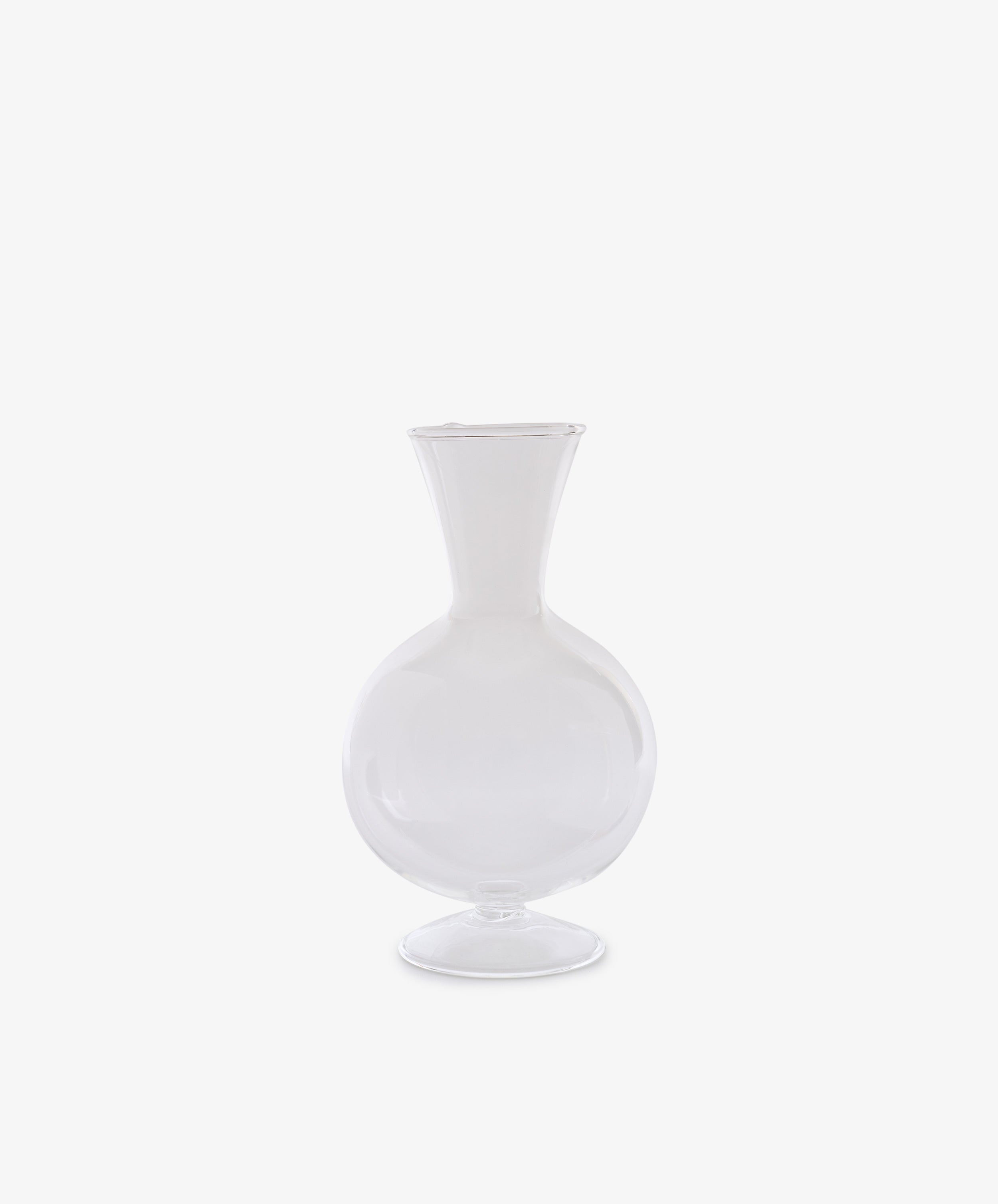 Boro Vase: Clear borosilicate design with a wide, round base and narrow, flared neck on a plain white background.
