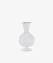 Boro Vase made of clear borosilicate glass features a fluted, bulbous body, narrow neck, and round base on a plain white background.