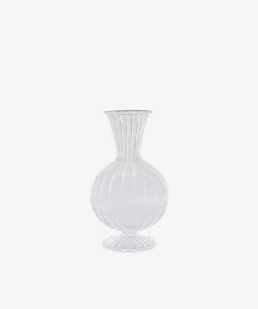 Boro Vase made of clear borosilicate glass features a fluted, bulbous body, narrow neck, and round base on a plain white background.