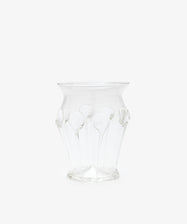 The Carlotta Vase features clear glass with a flared rim and decorative raised patterns, highlighting Bohemian artistry against a plain white background.